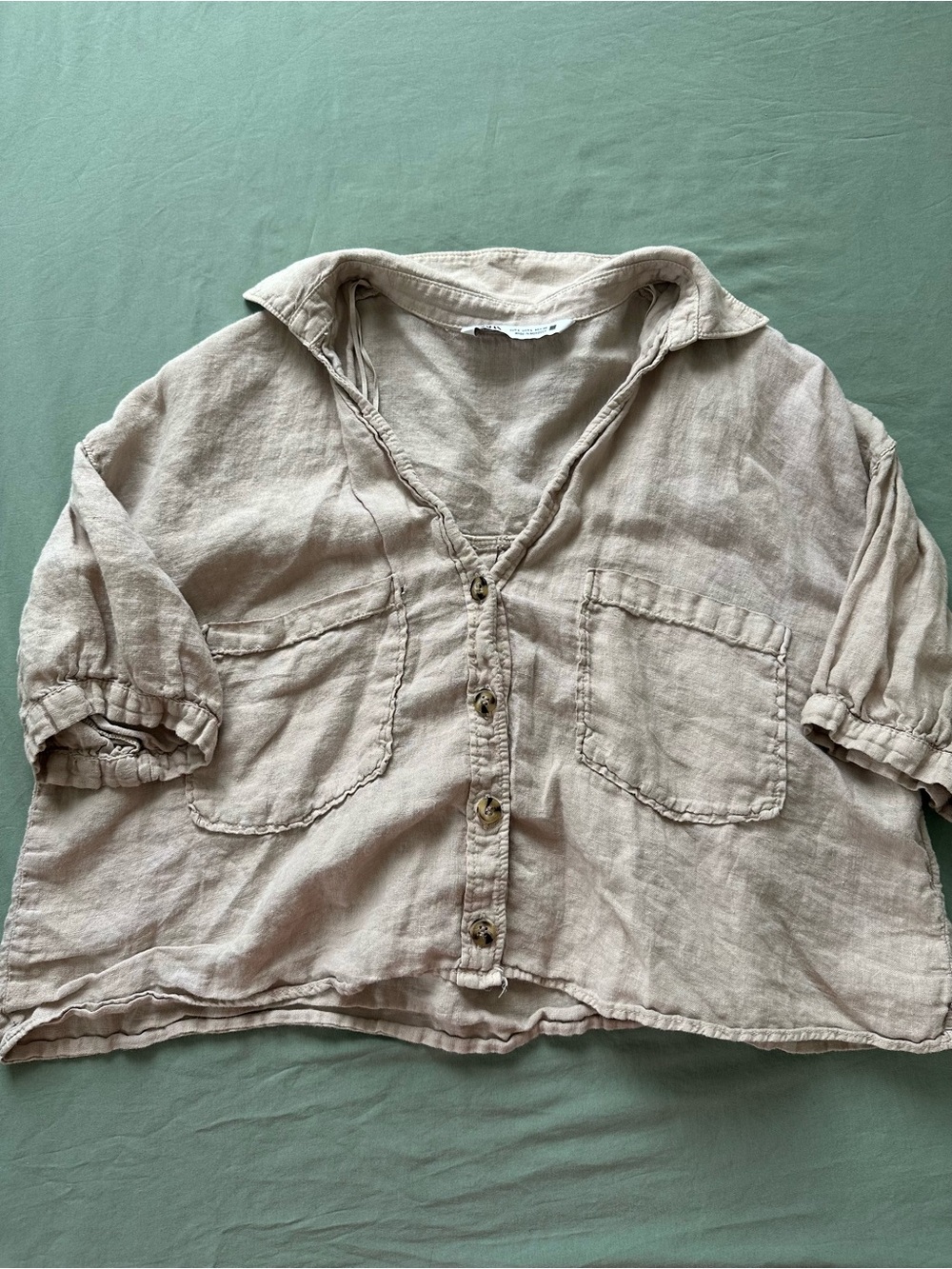 Zara Beige Linen Button-Down Shirt